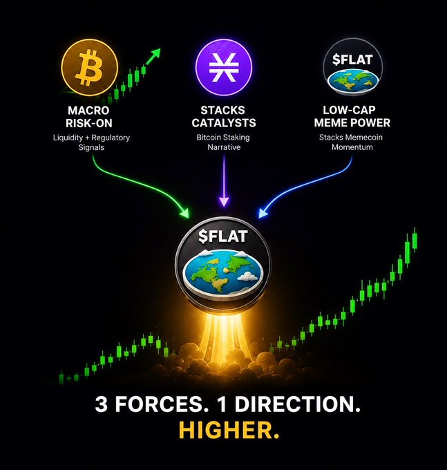 The image is a bullish promotional graphic featuring three forces—Macro Risk-On (Bitcoin), Stacks Catalysts, and Low-Cap Meme Power—all converging on the $FLAT token, displayed prominently in the center with a rocket launching against a green candlestick chart, captioned "3 FORCES. 1 DIRECTION. HIGHER." This visually reinforces the post's bullish sentiment by tying $FLAT's momentum to Bitcoin's macro tailwinds, the Stacks ecosystem narrative, and memecoin hype on the platform.