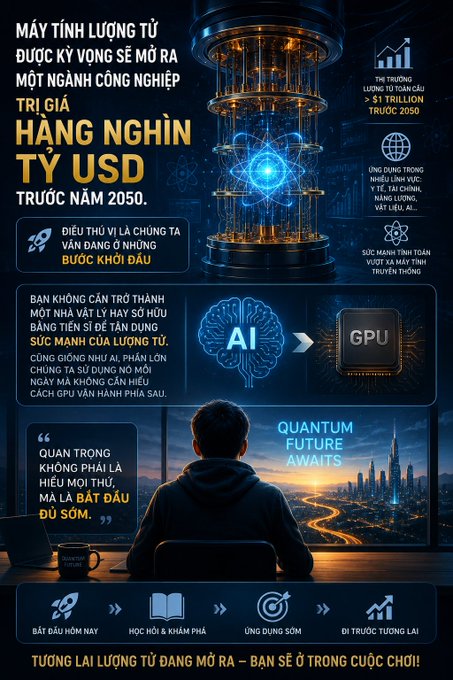 A Vietnamese promotional poster highlights the $1 trillion quantum computing industry expected before 2050, featuring a glowing quantum processor and a silhouette gazing at a futuristic city skyline. The text emphasizes that just as CUDA democratized GPU access for AI, QPU (Quantum Processing Unit) will make quantum computing accessible to everyone, aligning with the post's message about the "CUDA moment for Quantum" happening now.