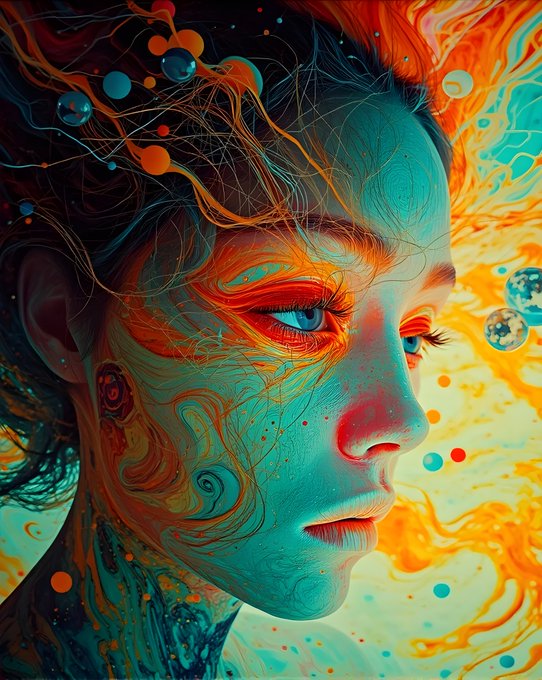 A vibrant, stylized digital artwork depicting a woman's face in profile, with swirling orange and teal colors, splatters, and bubble-like elements.