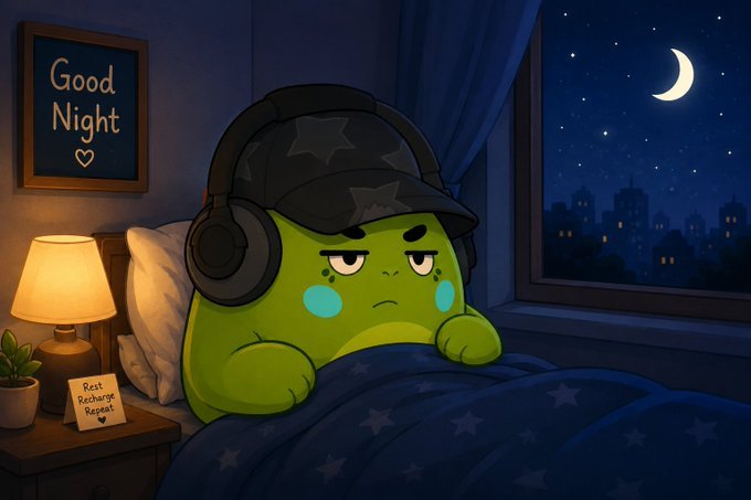 A green cartoon character wearing a cap and headphones lies in bed under a starry blanket, with a nightstand sign reading 'Rest. Recharge. Repeat.' and a chalkboard sign saying 'Good Night' with a heart.