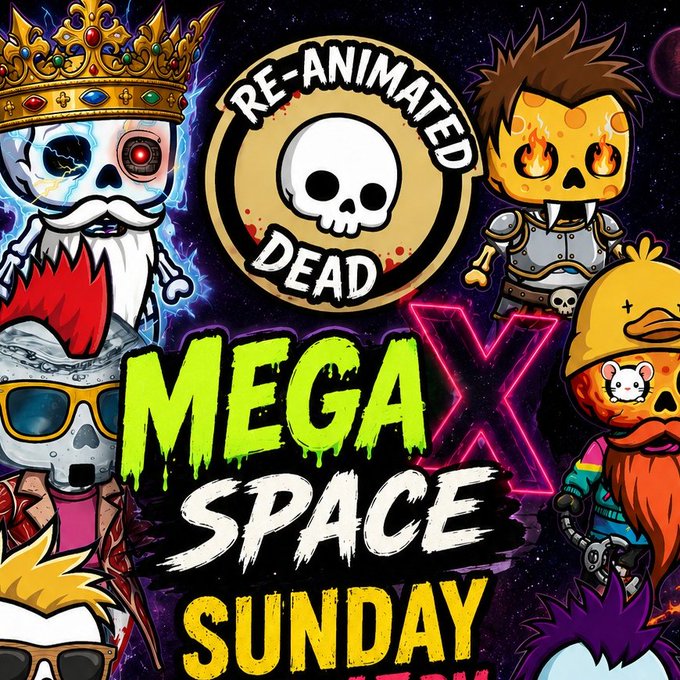 A vibrant promotional poster titled 'RE-ANIMATED DEAD MEGA X SPACE SUNDAY' featuring cartoon characters with skull and flaming motifs around a central logo.
