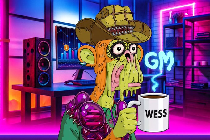A vibrant digital illustration of a grotesque ape-like character with a stitched hat, wearing spiked shoulder armor, holding a mug labeled 'WESS' with 'GM' text floating nearby in a neon-lit cyberpunk room.