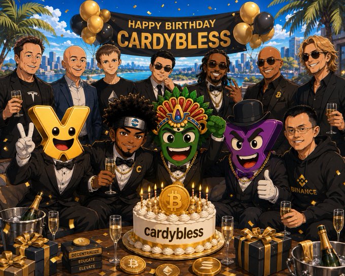 A cartoon-style 'HAPPY BIRTHDAY CARDYBLESS' celebration featuring various men, crypto mascots, a Bitcoin birthday cake, gifts, and champagne with a city skyline backdrop.