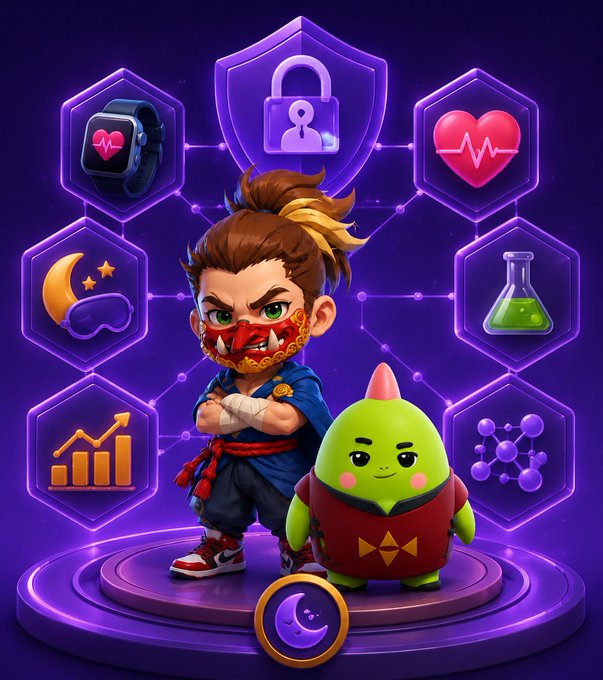 A 3D-rendered game character with brown hair and a red bandana stands with arms crossed next to a small green creature, surrounded by hexagonal icons depicting health, security, heart rate, sleep, chemistry, growth charts, and networking.