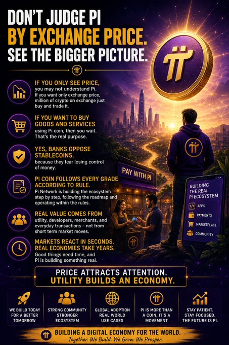 Infographic for Pi (Pi Network) cryptocurrency with the headline 'DON'T JUDGE PI BY EXCHANGE PRICE. SEE THE BIGGER PICTURE.', featuring bullet points about utility over price and the tagline 'PRICE ATTRACTS ATTENTION. UTILITY BUILDS AN ECONOMY.'