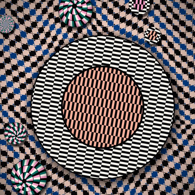 A geometric pattern of black and white checkered concentric circles and smaller patterned discs on a blue and pink tiled background.