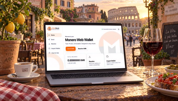 A laptop on an outdoor café table in Rome displays the XMRnest web wallet interface for Monero (XMR), featuring a balance of 0.00000000 XMR, send/receive options, and "Conected to monero network" status, visually reinforcing the post's message about a non-custodial, browser-based crypto wallet.