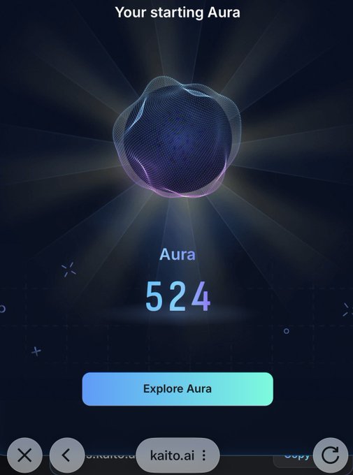 A mobile app screen titled 'Your starting Aura' displaying a value of 524 with an 'Explore Aura' button, sourced from kaito.ai.