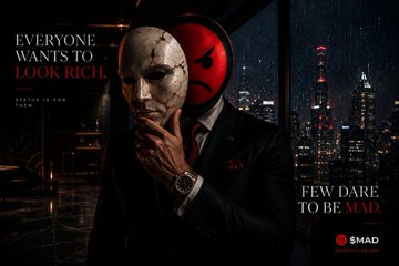 The image features an advertisement for a company named "Mad Rich" that promotes the idea of looking rich, which can be interpreted as having wealth or material possessions. The ad includes a man wearing a mask with a red face and a suit, suggesting he is dressed in a luxurious manner to convey the message of wealth and opulence. The image also contains text that reads "Everyone wants to look rich. Few dare to be mad." This quote emphasizes the idea that people desire wealth and material possessions, even if it means taking risks or facing challenges.
