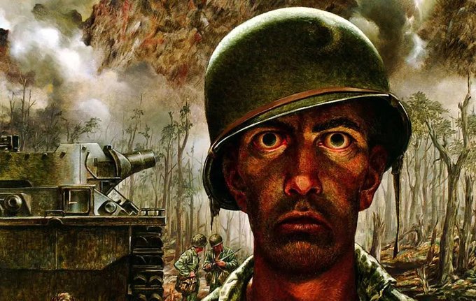 An intense illustration of a wide-eyed, dirt-smudged soldier in a green helmet staring forward, with a tank and other soldiers visible in a smoky, war-torn background.