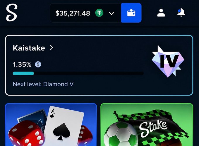 A dark-themed gaming dashboard displaying a balance of '$35,271.48', a 'Kaistake' tier IV ranking at 1.35%, and 'Stake' branding with gambling-themed icons.