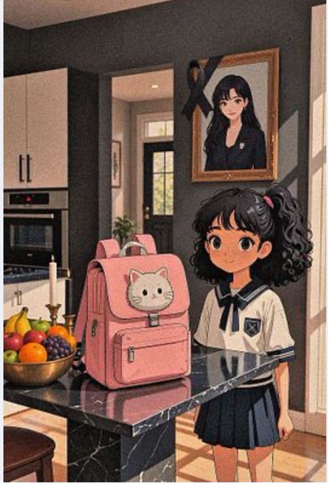 A digital illustration depicts a young girl in a school uniform standing next to a pink backpack with a cat design, with a memorial portrait framed on the wall behind her.