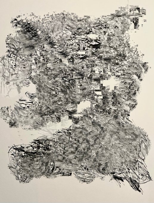 An abstract black and white artwork with chaotic, textured brushwork and glitch-like digital artifacts on a cream background.