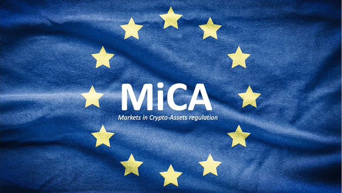 An image of the European Union flag with the text 'MiCA - Markets in Crypto-Assets regulation' displayed in the center.