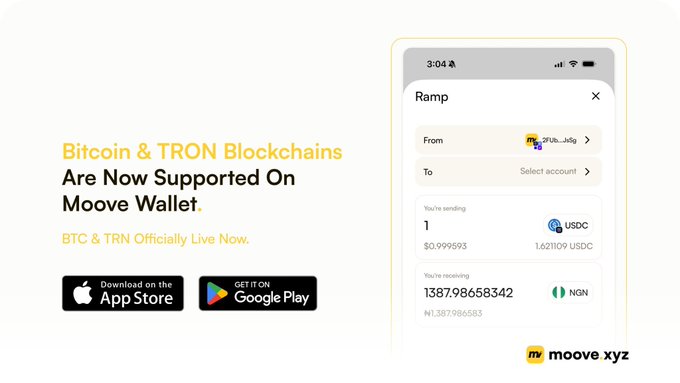 A promotional graphic for Moove Wallet announcing that 'Bitcoin & TRON Blockchains Are Now Supported On Moove Wallet' with BTC & TRN 'Officially Live Now,' showing a mobile app interface for currency exchange between USDC and NGN.