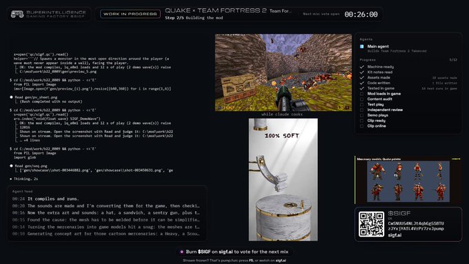 A live stream dashboard titled 'QUAKE + TEAM FORTRESS 2' shows a coding editor, in-game footage, and a 3D model viewer for a digital art raffle to 'Burn $BIG on sigfrid'.