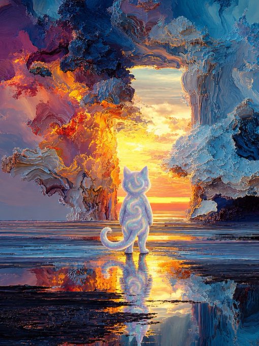 A vibrant digital illustration shows a white cat-like figure with spiral markings standing on a reflective wet surface, gazing toward a glowing sunset framed by stylized clouds in orange, blue, and purple hues.