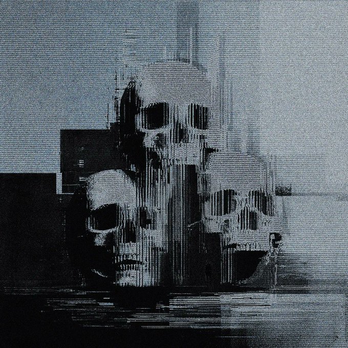 A glitchy, monochromatic digital artwork shows a skull merging with a gothic cathedral or castle structure.