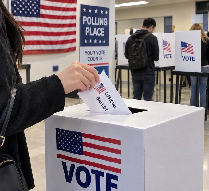 A close-up of a hand placing an "OFFICIAL BALLOT" envelope into a "VOTE" box at a polling place, with other voters visible at voting booths in the background.