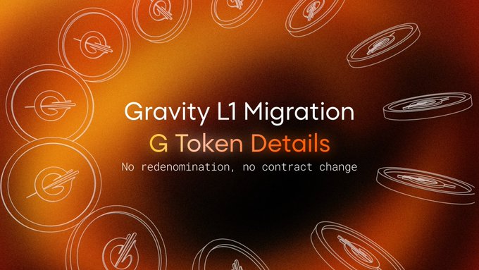 A promotional graphic with an orange background reading 'Gravity L1 Migration G Token Details - No redenomination, no contract change' surrounded by coin illustrations.
