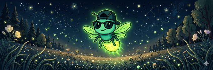 The image features a cartoon bee with sunglasses, flying through a field at night. The background includes stars and trees, creating an enchanting atmosphere. The text in the image reads "Keeping an Eye on $GLOW With a solid team behind it and growing momentum I'm seeing strong signals and promising developments - this might just be one of the next breakout tokens. I'm going all in on $GLOW you might want to".