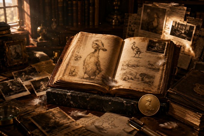 A warmly lit vintage study scene featuring an open antique book with detailed illustrations of birds and a duck, surrounded by old photographs, scattered feathers, a magnifying glass, a pen, and a gold coin on a marble stand.