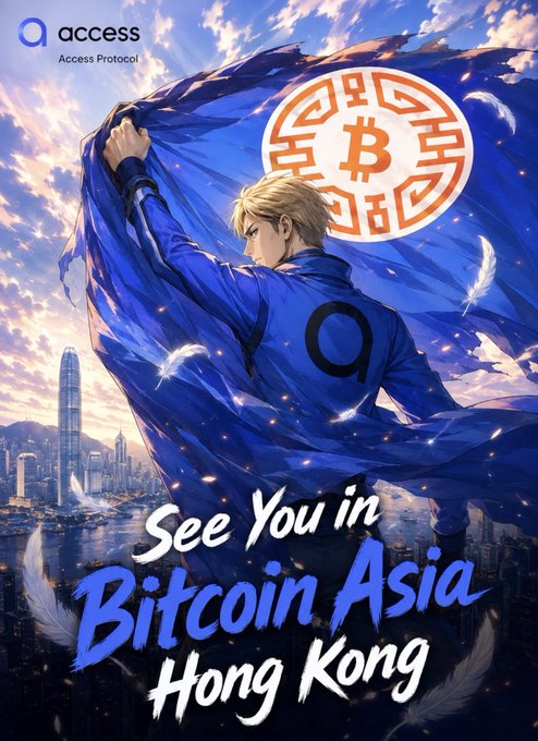 An anime-style hero with blonde hair holds a large blue flag bearing the orange Bitcoin logo and a "9" emblem, with "Access Protocol" branding in the top-left corner. Bold white and blue script at the bottom reads "See You in Bitcoin Asia, Hong Kong," promoting the Access team's appearance at the Bitcoin Asia conference.