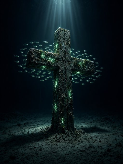 An underwater stone cross encrusted with marine growth and illuminated by eerie green bioluminescence stands on the seabed, with beams of sunlight piercing the dark water above and a school of small fish swimming around it.