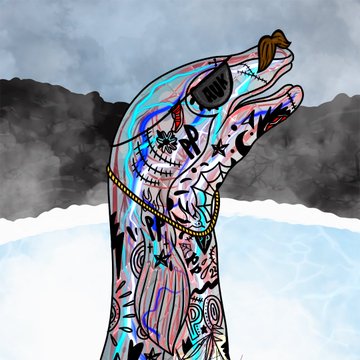 A graffiti-style illustration of a toothy fish leaping from icy water beneath stormy mountains, channeling the bold, eclectic energy of the "All For Tap Poker #002" tournament.