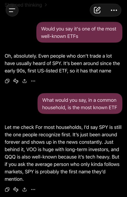 A chat conversation discussing well-known ETFs, mentioning SPY (first US-listed ETF from early 90s), VOO, and QQQ, with SPY identified as most recognized in common households.