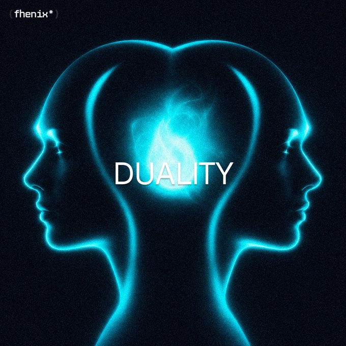 A glowing cyan double-exposure silhouette shows two identical heads facing opposite directions with an anatomical heart radiating between them, overlaid with the text "DUALITY" and the small "fhenix*" watermark in the corner—visually mirroring the post's message about cryptocurrency operating in both public (composable) and shielded (private) modes as two sides of the same asset.
