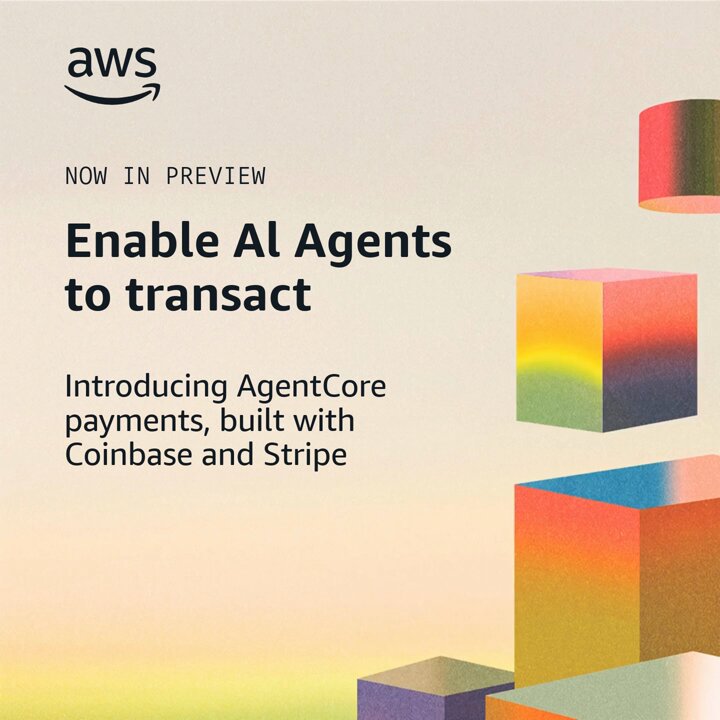 The image features a colorful arrangement of cubes stacked on top of each other against a light beige background. The text at the bottom of the image reads "AWS gave AI agents a payment layer with Coinbase and Stripe.", which suggests that the cubes are part of an AI-native L1 payment system developed by @GoKiteAI.