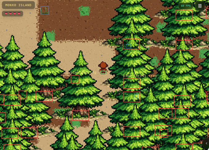 A pixel art game scene showing a character on "MONKO ISLAND" surrounded by pine trees, with red boxes highlighting various elements like "pine sapling" and "pine forest tree" and a "60 FPS" indicator.