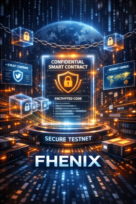 The image features a poster for a smart contract testing platform called Fenix. The poster showcases an illustration of a futuristic cityscape with various buildings, including a building that resembles a cube. The title "Smart Contracts" is prominently displayed at the top of the poster in white text against a dark blue background. Below this, there's a description of what the platform does: "Fenix allows developers to build fully homomorphic encrypted dApps on its testnet and validate secure encrypted logic." This information is presented in white text against a dark blue background. The overall design of the poster is modern and futuristic, with an emphasis on the technological advancements made possible by smart contracts.