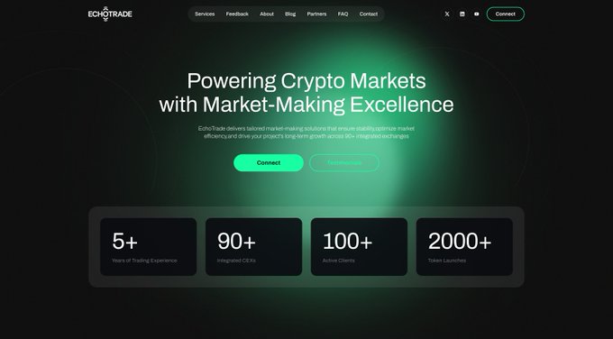 The image shows the homepage of EchoTrade's newly launched website, featuring the headline "Powering Crypto Markets with Market-Making Excellence" along with statistics: 5+ years of trading experience, 90+ integrated CEXs, 100+ active clients, and 2000+ token launches, alongside a "Connect" call-to-action button.

The screenshot visually supports the post's announcement of EchoTrade's new website launch, showcasing the homepage that introduces their market-making services and the credibility metrics built from their launch experience.
