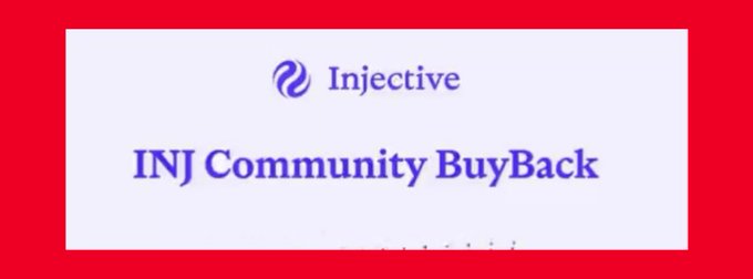 A white sign with a red border displaying the Injective logo and the text 'INJ Community BuyBack'.