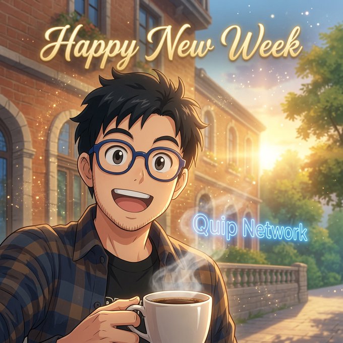 The image features a man wearing glasses holding a cup of coffee while standing outside next to a building with a tree nearby. The text "Happy New Week" is written above him, indicating that it's the start of a new week. The post also mentions Quip Network and how they're using quantum technology in an accessible way for everyone.