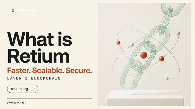 A promotional banner for 'Retium' featuring the tagline 'What is Retium - Faster. Scalable. Secure. Layer 1 Blockchain' alongside a 3D rendering of a translucent chain link structure with orbiting spheres.