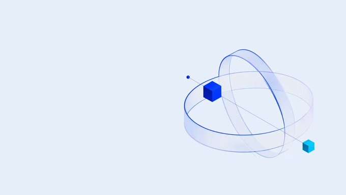 A minimalist 3D graphic featuring blue geometric cubes and translucent rings/loops on a light gray background.
