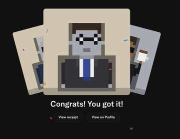 A digital illustration resembling a Minecraft-style NFT profile picture of a character in a suit and sunglasses, with a 'Congrats! You got it!' message and buttons for 'View receipt' and 'View on Profile'.