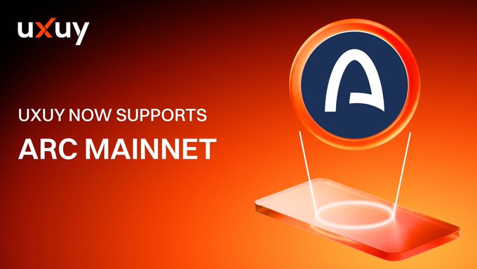 The image features the UXUY logo alongside a large stylized "A" logo representing Arc, with the headline "UXUY NOW SUPPORTS ARC MAINNET." The accompanying post celebrates UXUY's Day 1 integration with Arc Mainnet, emphasizing seamless cross-chain swaps and zero gas trading for Arc ecosystem assets.