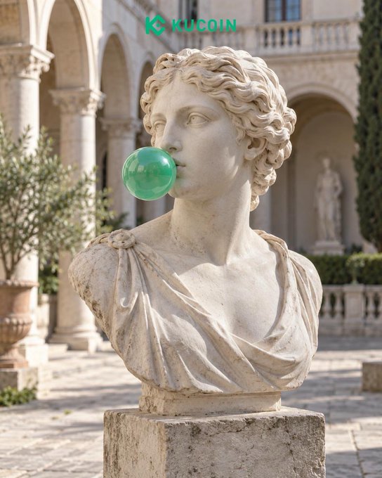 A serene marble bust of a classical figure calmly blows a green bubble in a Mediterranean courtyard, with the "KUCOIN" logo displayed at the top. The image playfully visualizes the post's message of remaining composed and unfazed by market volatility while critics cry bubble.