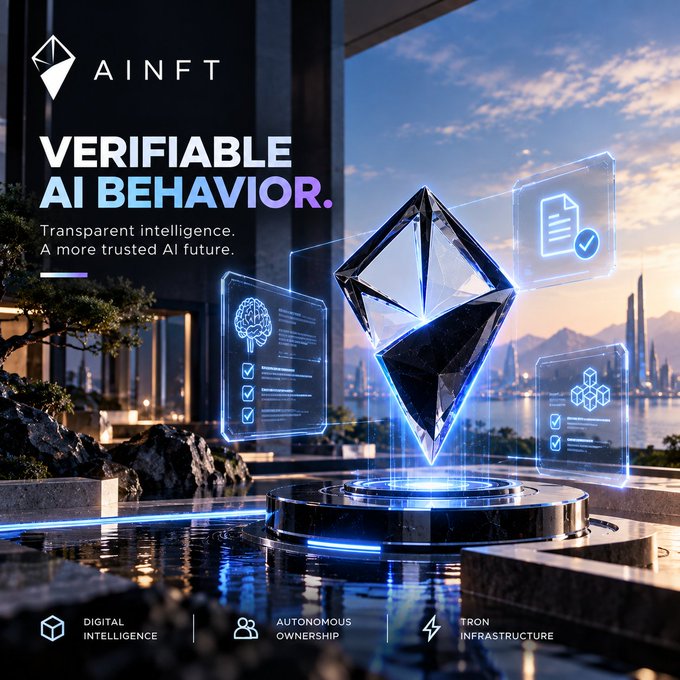 A futuristic promotional graphic for "AINFT" titled "VERIFIABLE AI BEHAVIOR.", featuring a floating, geometric Ethereum-style diamond logo and holographic interface panels in a high-tech setting.