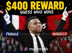 A $400 reward giveaway thumbnail on MoonRush features a split image of two men with raised fists, labeled "France vs Morocco," inviting viewers to guess the winner—ultimately revealing France as the correct answer, with $200 prizes awarded to two winners (@VSDEXXX and @Nickyy_DD) along with 500 MoonRush points.