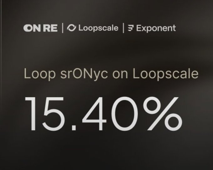 A promotional graphic with a dark background displaying 'ONRE | Loopscale | Exponent' at the top, with text reading 'Loop srONyc on Loopscale' and a large '15.40%' figure.