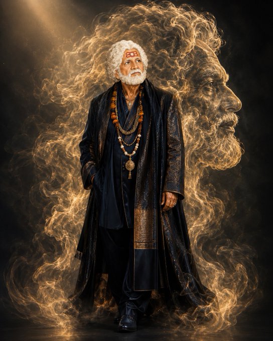 The image features an older man wearing a long black coat, standing against a dark background with smoke coming out of his mouth. The man has white hair and is wearing a necklace around his neck. In the background, there is a painting or drawing of a face that appears to be a portrait of the same man. The text in the image reads "$BAWALIYA - a 130-year-old Rajasthani legend. On Solana. The saint whose blessing sparked the Birla empire. Launch: Dec 1, 2026 · pump.fun No presale. No private sale. No early CA. Anyone DMing a CA before Dec 1 is a scammer."