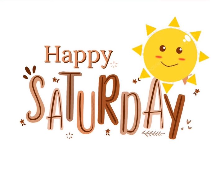 A cheerful 'Happy Saturday' greeting illustration featuring stylized brown lettering and a smiling sun character with rosy cheeks on a white background.