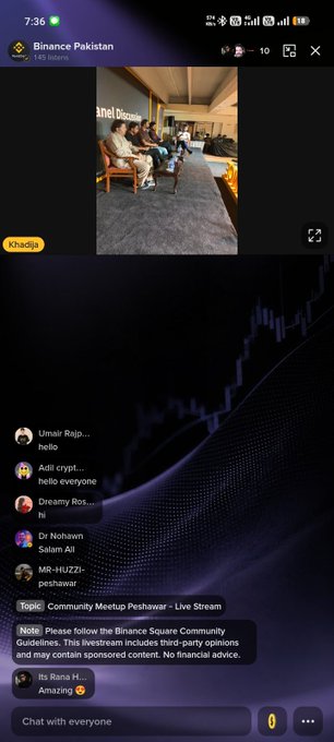 A screenshot from the Binance app showing a live stream of a Binance Pakistan community meetup in Khadija, with chat messages from users like Umair Raja, Adil, and Dr Nohaib.