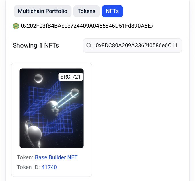 A portfolio interface showing an NFT collection with tabs for Multichain Portfolio, Tokens, and NFTs, displaying a Base Builder NFT (Token ID 41740) with space-themed artwork.