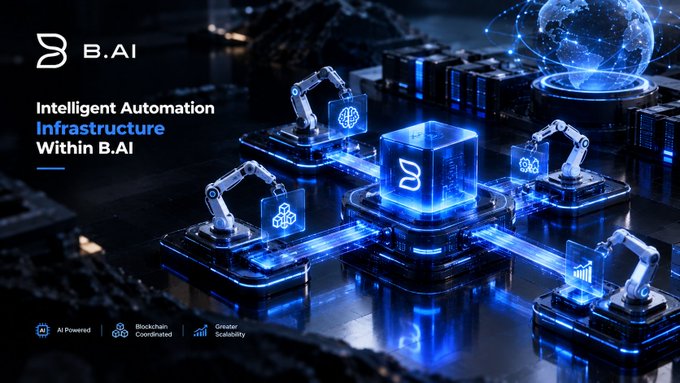 A promotional graphic for B.AI featuring the text 'Intelligent Automation Infrastructure Within B.AI', depicting robotic arms and a glowing blue server.